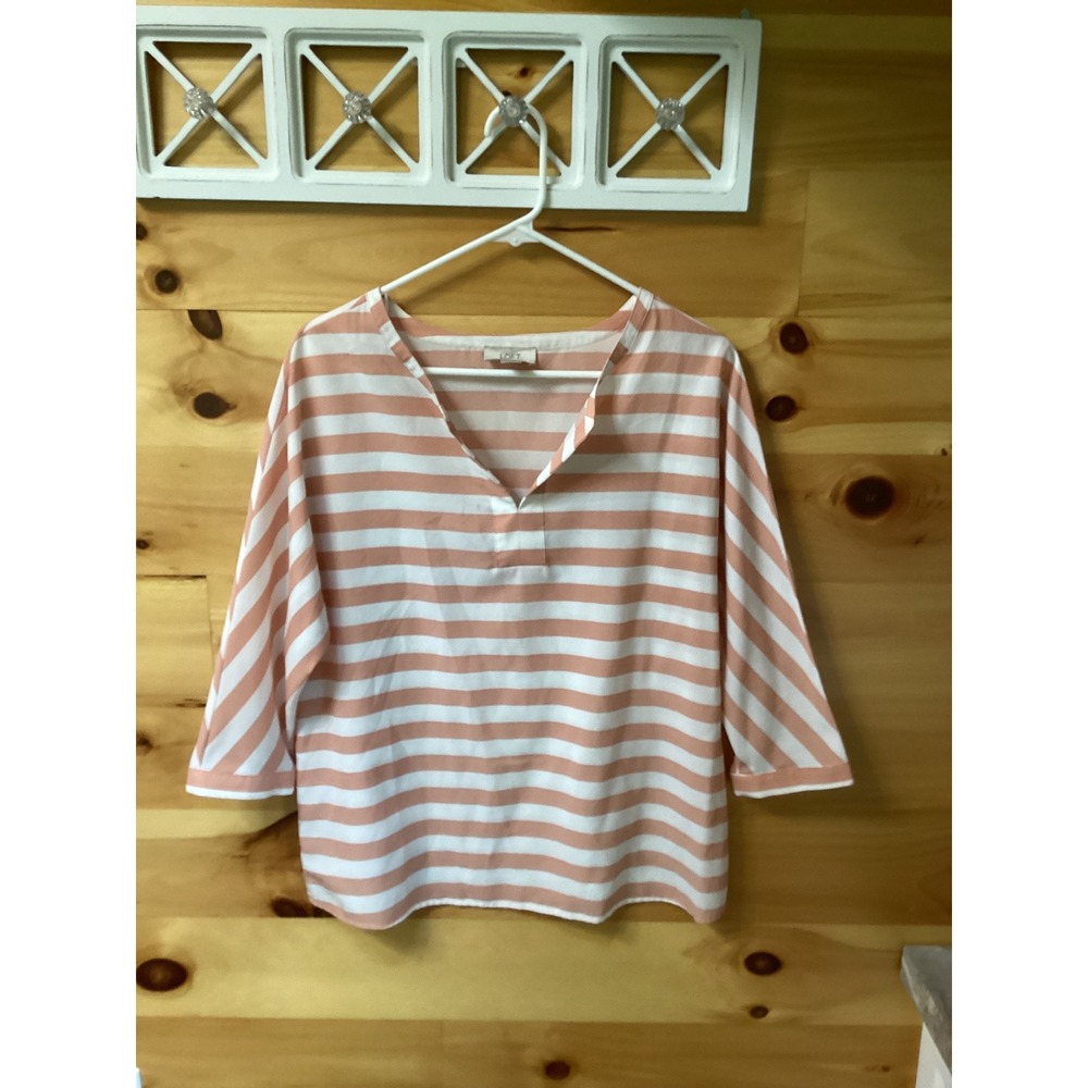 Loft Womens Medium‎ Peach White Striped 3/4 Sleeve Split Neck Blouse Top